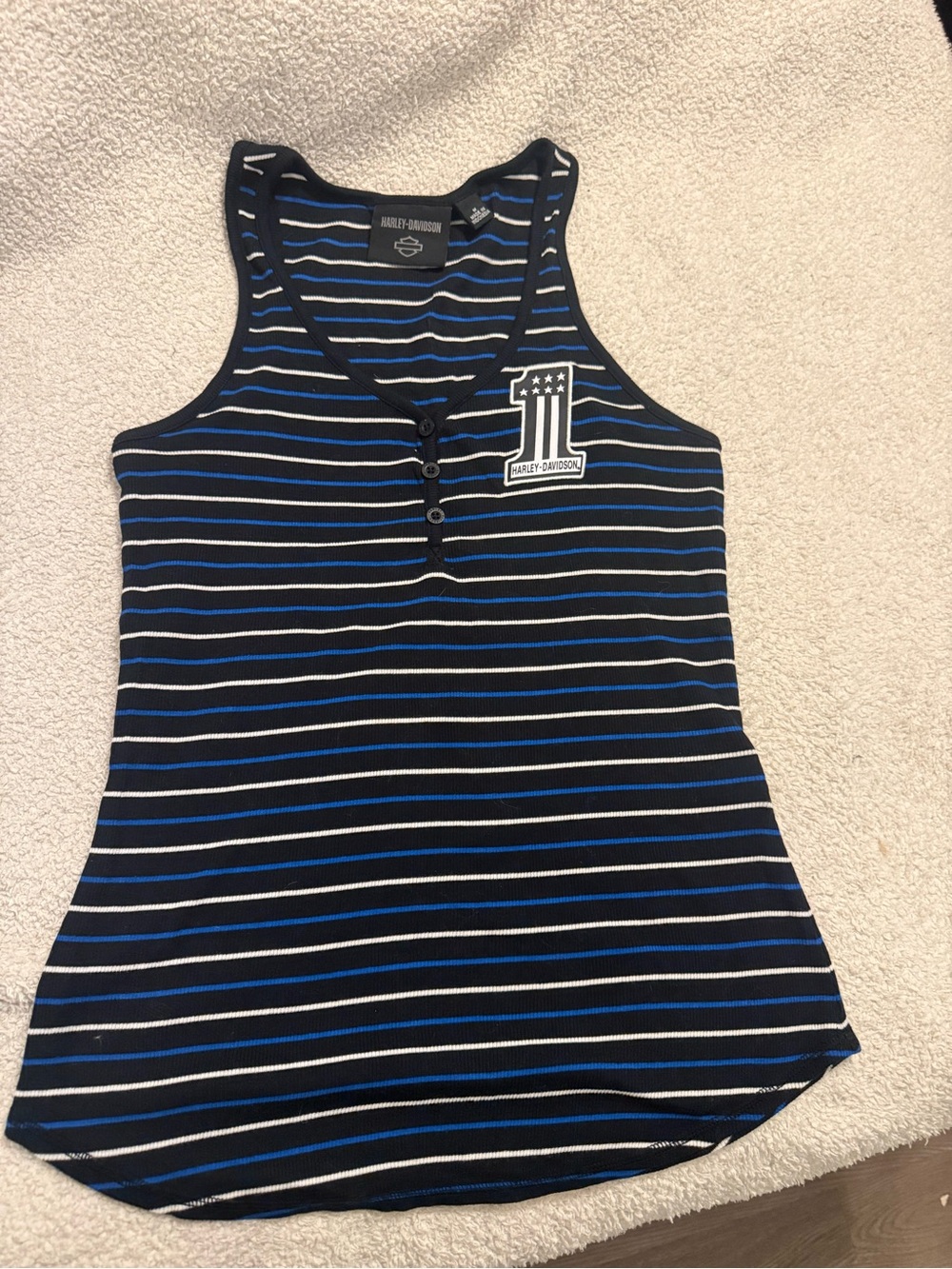 Harley-Davidson Striped Henley Tank Top - Black & Blue - Picture 1 of 2